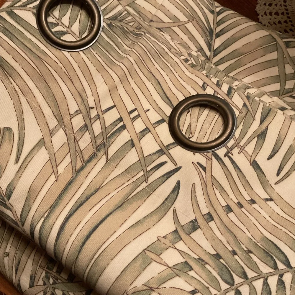 Custom Made Palm Leaf Grommet Curtain Panels – Neutral Green & Beige